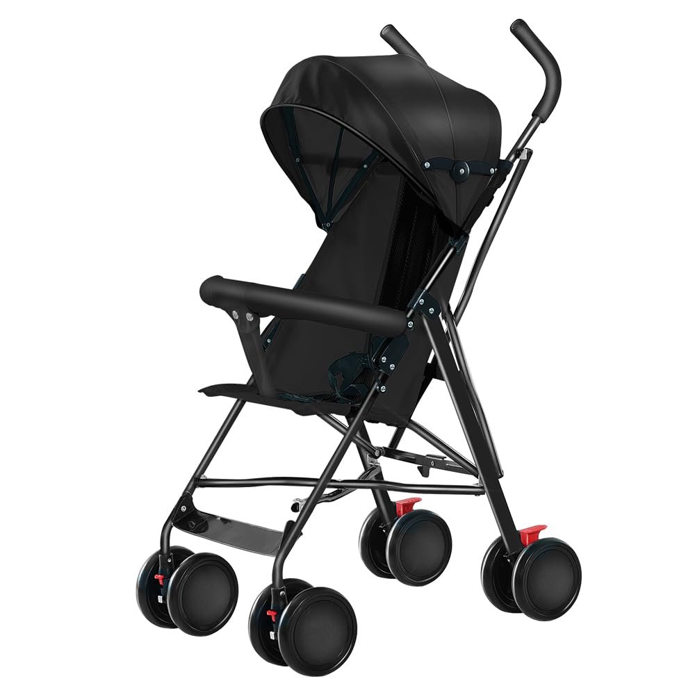 Belfoyer Lightweight Stroller from 6 Months, Reclining Seat, 3-Stage Canopy, Mosquito Net - Black