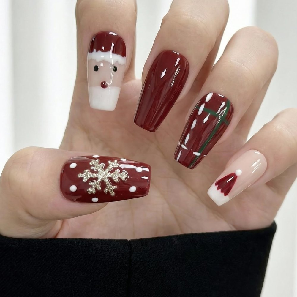 Handmade Artificial Nails IR1Ts Trapezoid with Red Christmas Nail Art, Hand-Painted Snowflakes, Reusable, 10 Pieces