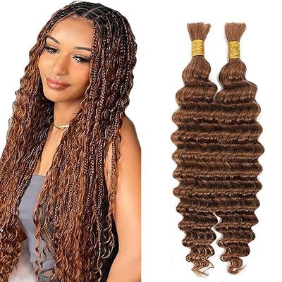 Jucames Deep Wave Unprocessed Remy Human Hair Braiding Extensions, No Weft, #30 Light Brown, 12 Inch