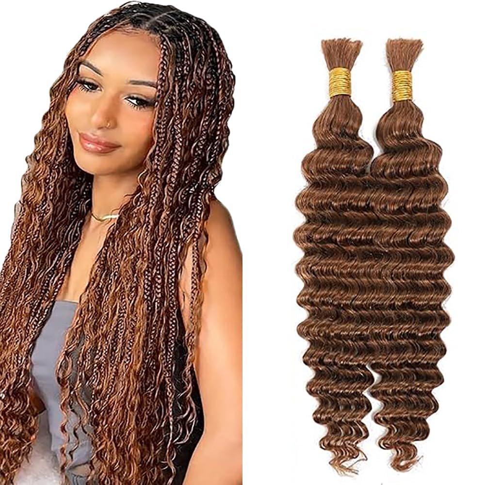 Jucames Deep Wave Unprocessed Remy Human Hair Braiding Extensions, No Weft, #30 Light Brown, 12 Inch