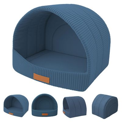 Leanbe Cozy Corduroy Pet Cave, Customizable with Engraved Name, Arched Shape, Soft Bed (Blue, R3: 55 x 47 x 39 cm)