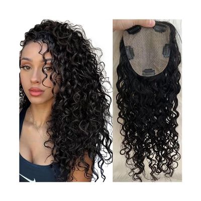 Women's Curly Human Hair Topper, 14 Inches, 150% Density, Natural Black European Hair, 15 x 16 cm Silk Base