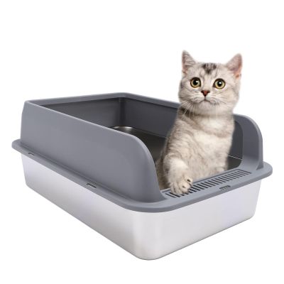 Extra-Large Stainless Steel Semi-Enclosed Cat Litter Box with Lid
