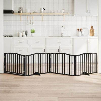 Tidyard Freestanding Folding Dog Gate with Door, 4 Panels, Black, 320 cm, Poplar Wood