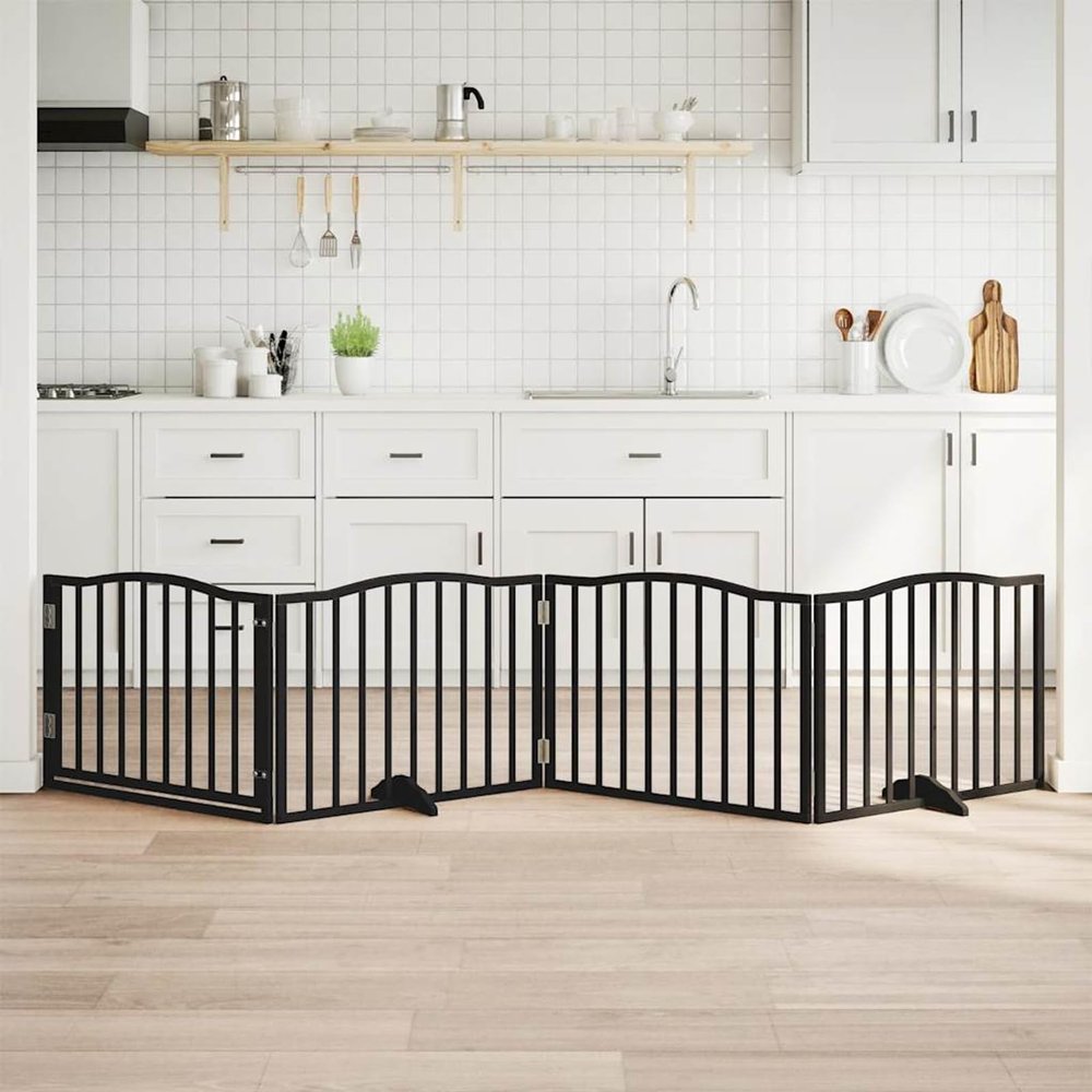 Tidyard Freestanding Folding Dog Gate with Door, 4 Panels, Black, 320 cm, Poplar Wood