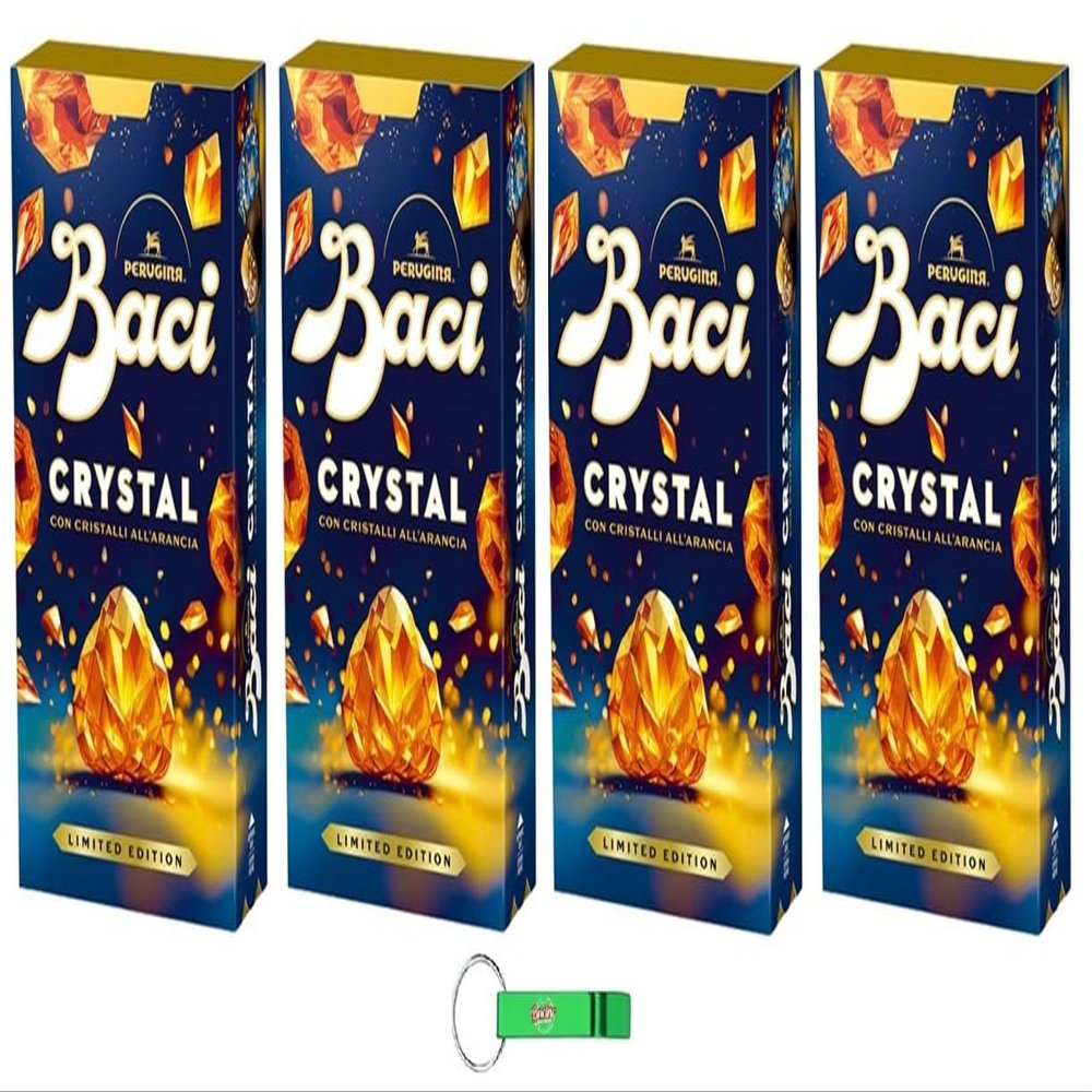 Baci Perugina Crystal Pralines, 4 x 150 g, Dark Chocolate with Orange Crystals, Limited Edition, Italian Confectionery Gift + Free Beni Culinari Keychain