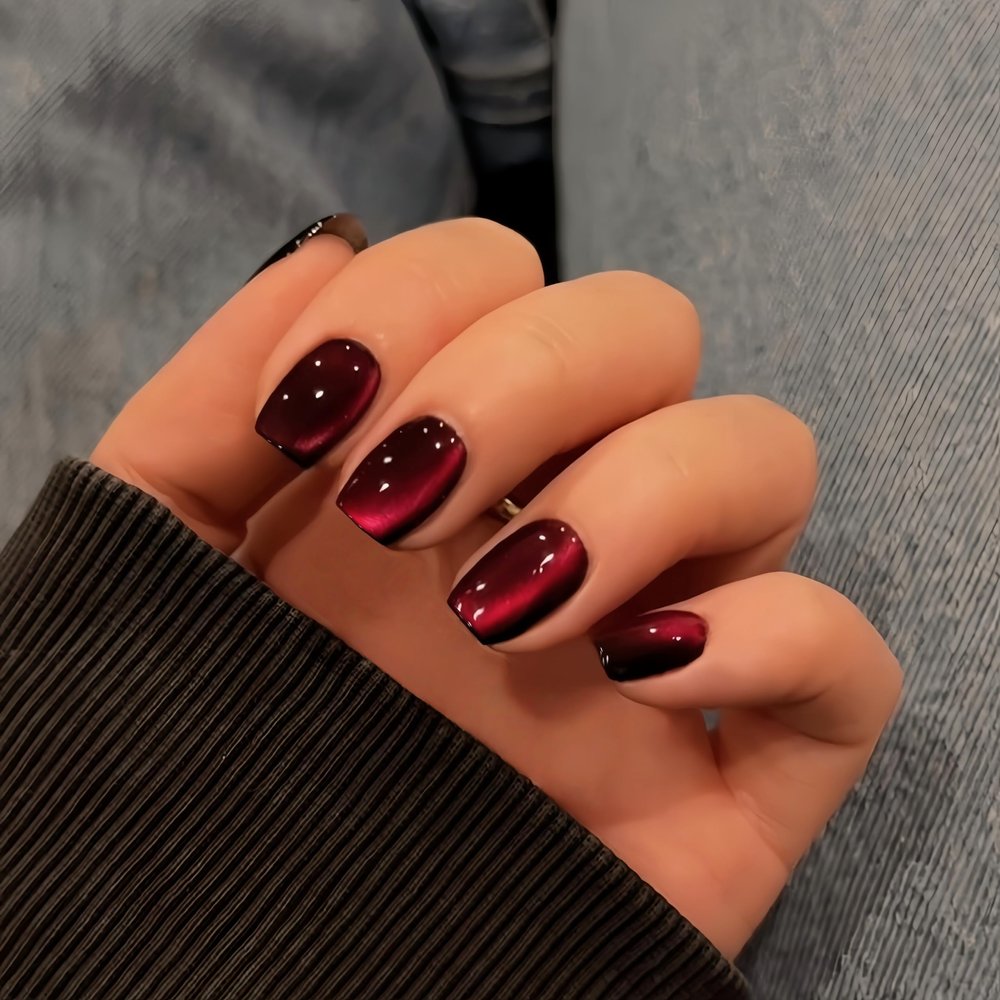 KQueenest Cat-Eye Dark Wine Red Short Press-On Nails, Square Coffin, 30-Piece Set