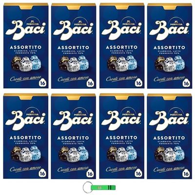 Baci Perugina Assorted Chocolates 8 x 200 g, Extra-Filled Dark Chocolate with Hazelnuts + Beni Culinari Free Keychain