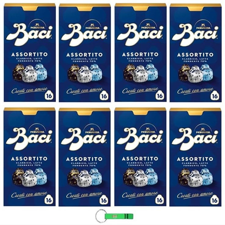 Baci Perugina Assorted Chocolates 8 x 200 g, Extra-Filled Dark Chocolate with Hazelnuts + Beni Culinari Free Keychain