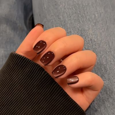 KQueenest Dark Brown Cat-Eye Short Coffin Press-On Nails, 30-Piece Set