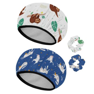 Eslifey 2-Pack Reusable Shower Caps with Hair Ties for Women, Waterproof Elastic Caps for Long Hair, Tropical Palm Leaves and Sloths Pattern