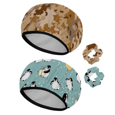 Eslifey Reusable Waterproof Shower Caps with Hair Ties for Women, Long Hair, Army Camouflage Brown, 2-Pack