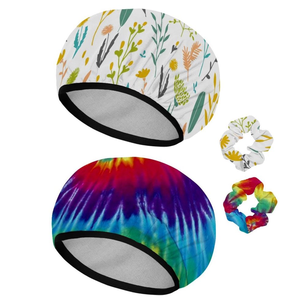 Eslifey Reusable Shower Caps with Hair Ties for Women, Waterproof, Elastic, for Long Hair, Colorful Flower, 2-Pack