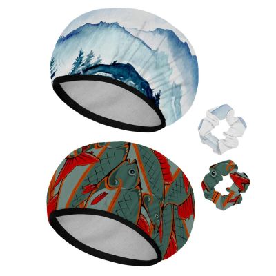 Eslifey Reusable Shower Caps with Hair Ties for Women, Waterproof, Elastic, for Long Hair, Mountain Watercolor and Blue Sky Design, 2-Pack