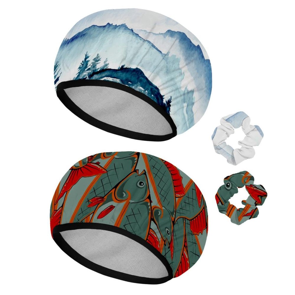 Eslifey Reusable Shower Caps with Hair Ties for Women, Waterproof, Elastic, for Long Hair, Mountain Watercolor and Blue Sky Design, 2-Pack