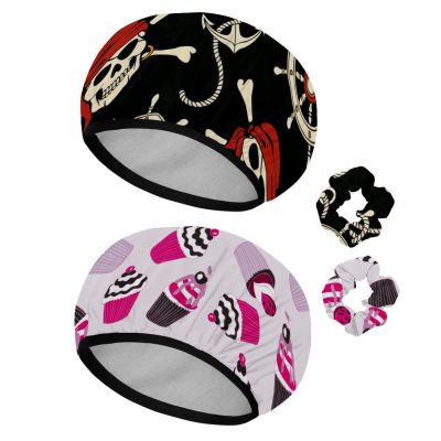 Eslifey 2-Pack Reusable Shower Caps with Hair Ties for Women, Waterproof Elastic Caps for Long Hair, Pirate Skull, Anchor and Star Patterns