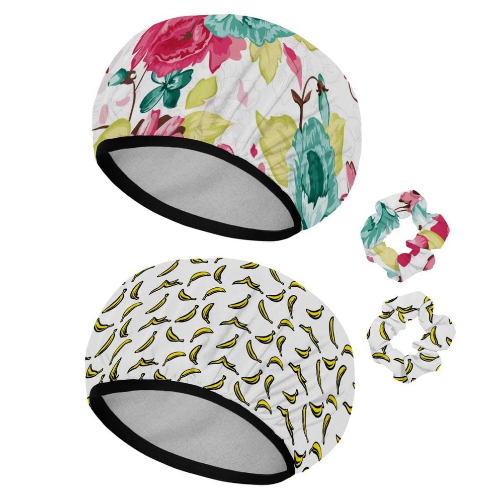 Eslifey 2-Pack Reusable Shower Caps with Hair Ties for Women, Waterproof Elastic Caps for Long Hair, Pink Spring Flower