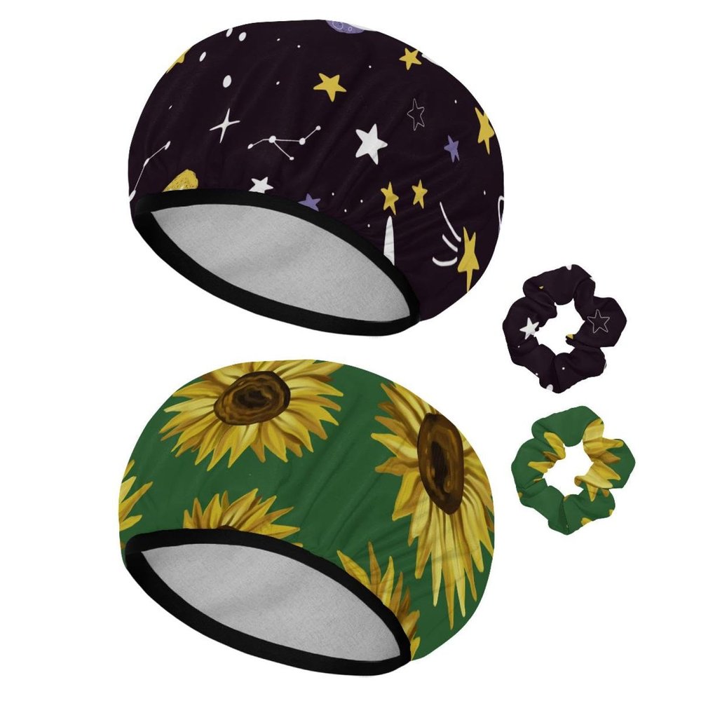 Eslifey 2-Pack Reusable Shower Caps with Hair Ties for Women, Waterproof Elastic Caps for Long Hair, Cartoon Planets, Stars and Comets