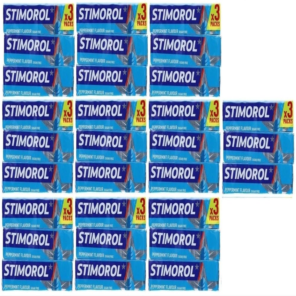 30 Packs Stimorol Peppermint Blue Gum, 14 g Each, 10 Dragees per Pack (10 x 3-Pack) + Free 45 g Space Cookie