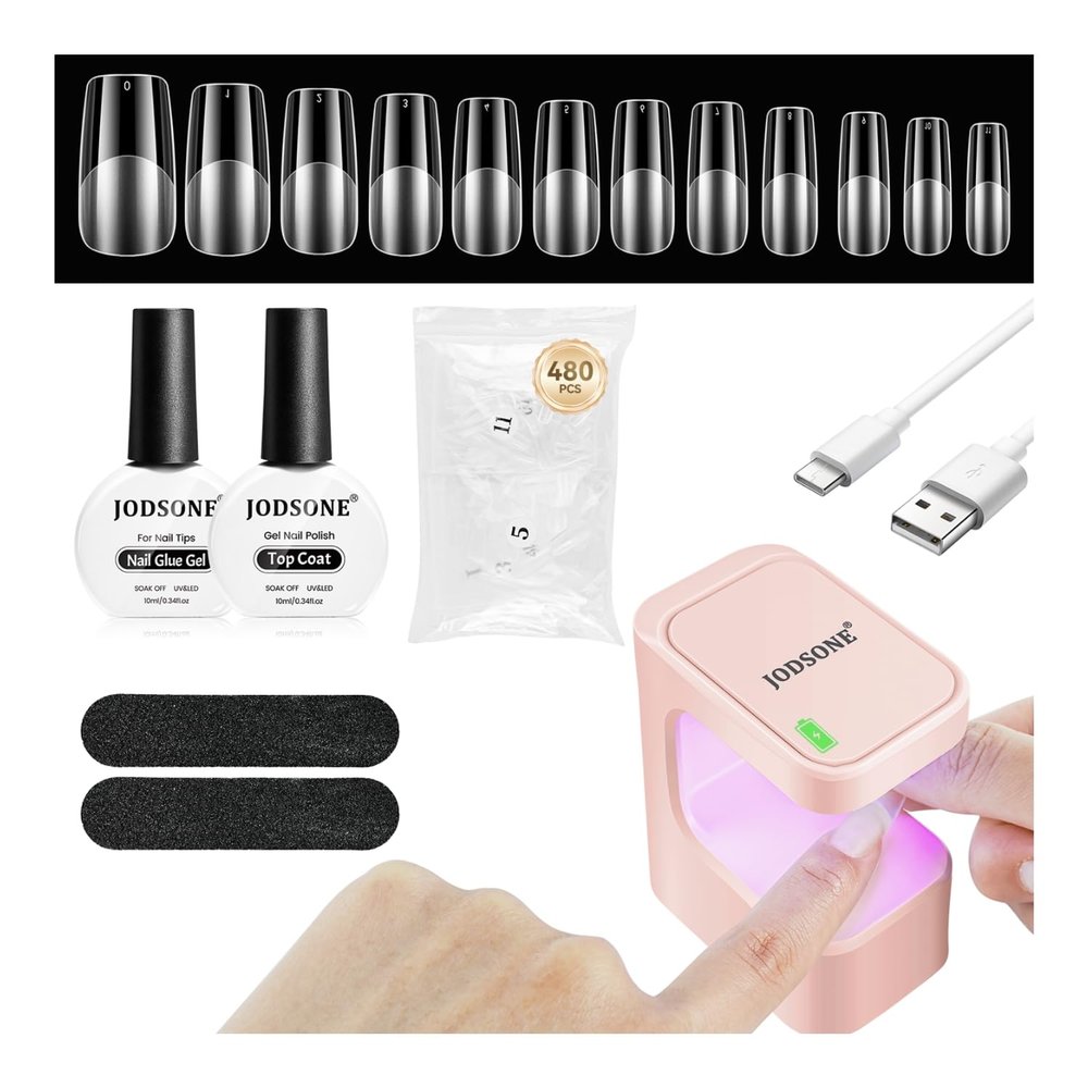JODSONE Mini Nail Lamp Kit, 480 Square Nail Tips, Portable UV LED Gel Curing Lamp