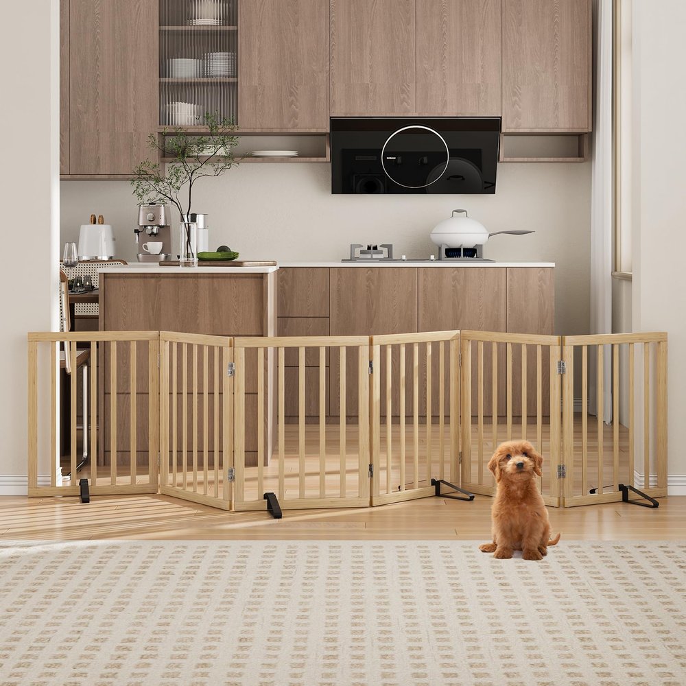 60 cm Freestanding Indoor Dog Gate, 6-Panel Folding Bamboo Barrier