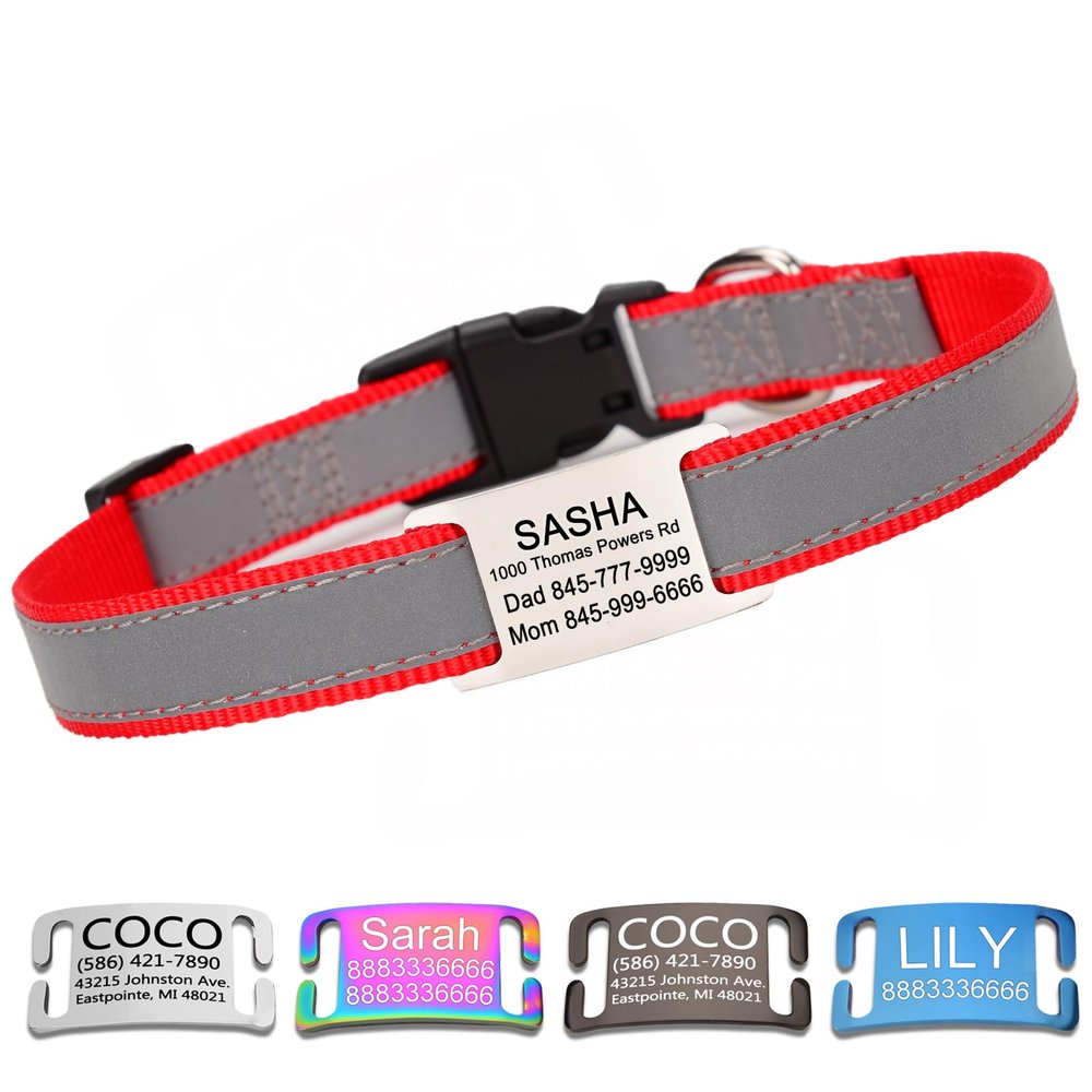 Personalized Reflective Dog Collar with Name Tag - Adjustable & Customizable, Red