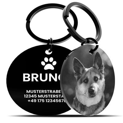 Meinearmbnder Personalized Engraved Dog Tag, 30 mm Stainless Steel, Black with Picture