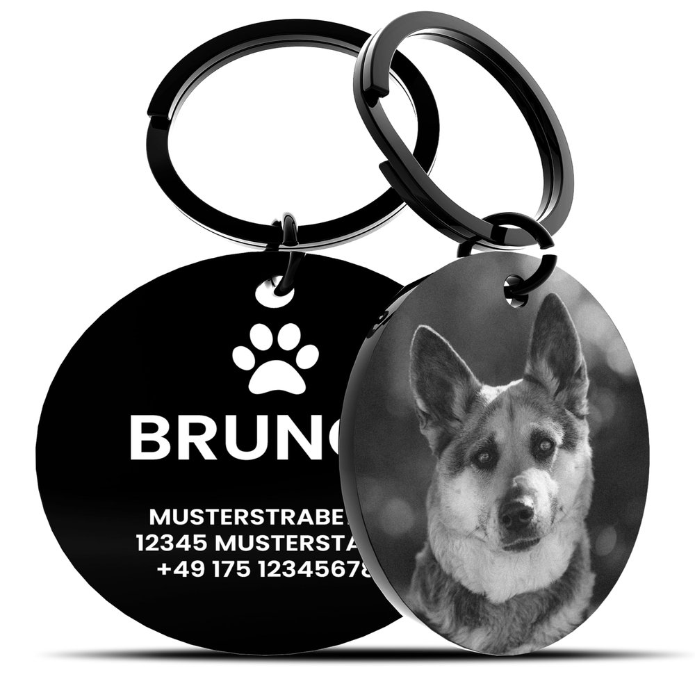 Meinearmbnder Personalized Engraved Dog Tag, 30 mm Stainless Steel, Black with Picture