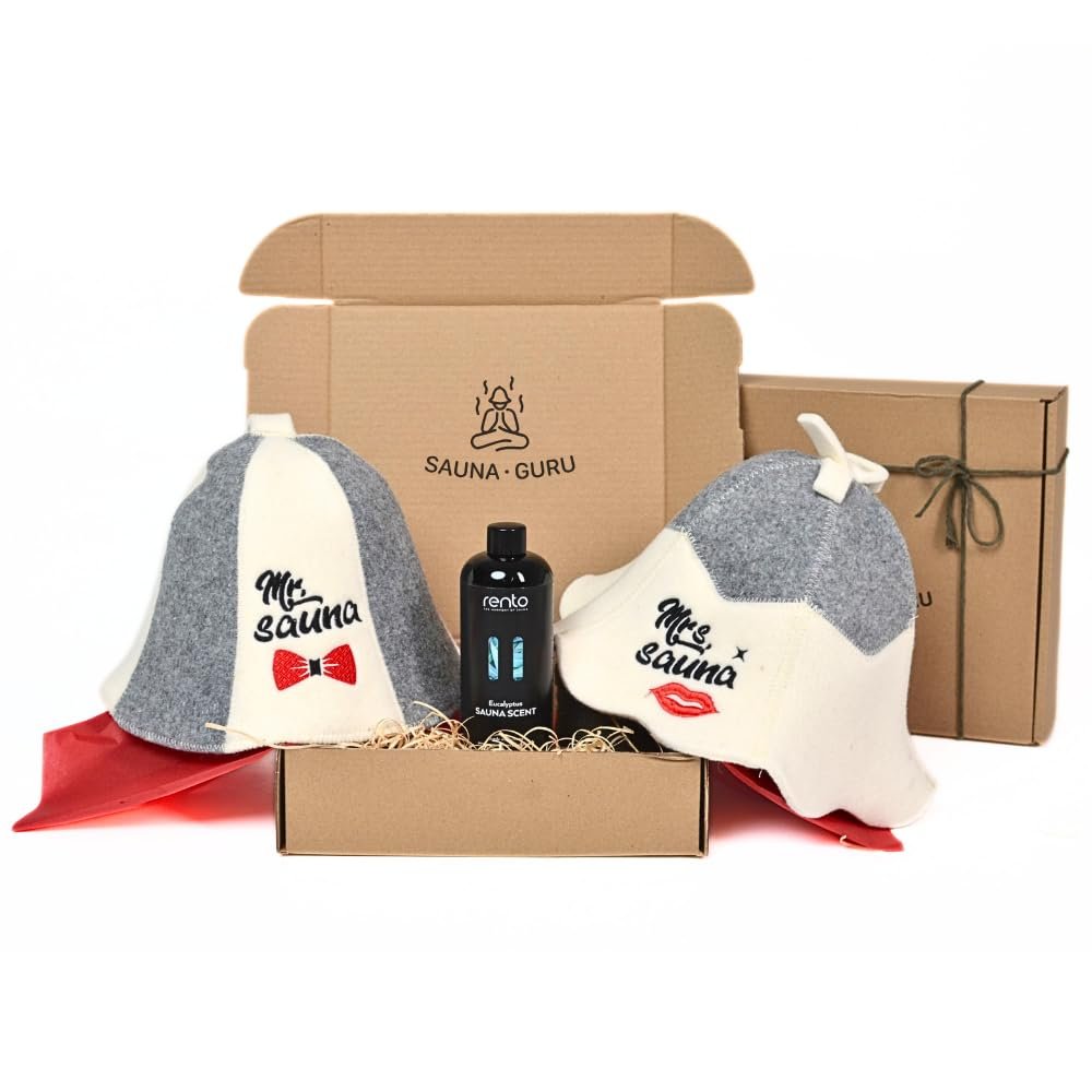 Mr & Mrs Sauna Gift Set for Couples with 2 Wool Felt Sauna Hats and 400 mL Eucalyptus Sauna Infusion