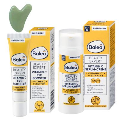 Balea 2-Piece Beauty Expert Vitamin C Set: SPF 30 Serum Cream (50 ml) + Vitamin C Eye Booster (15 ml) + Bonus Gua Sha Facial Massager