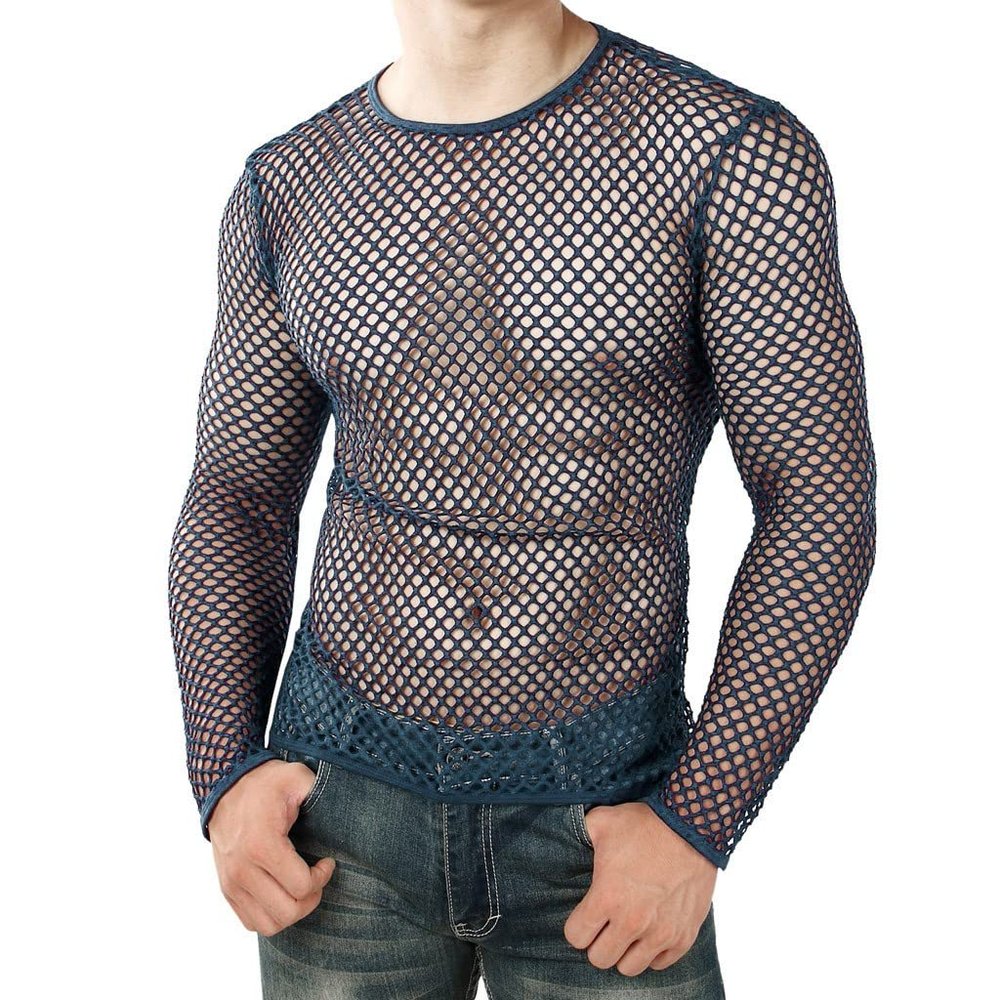 Men's Sheer Fishnet Long-Sleeve Mesh Shirt