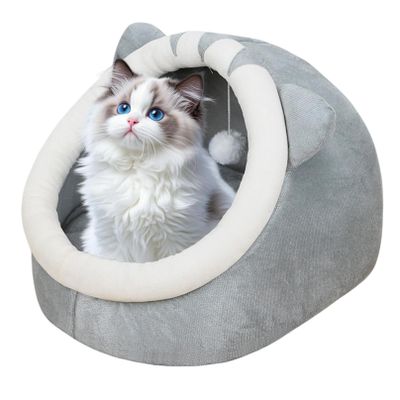 Gray Plush Cat Cave Bed for Indoor Cats and Small Pets