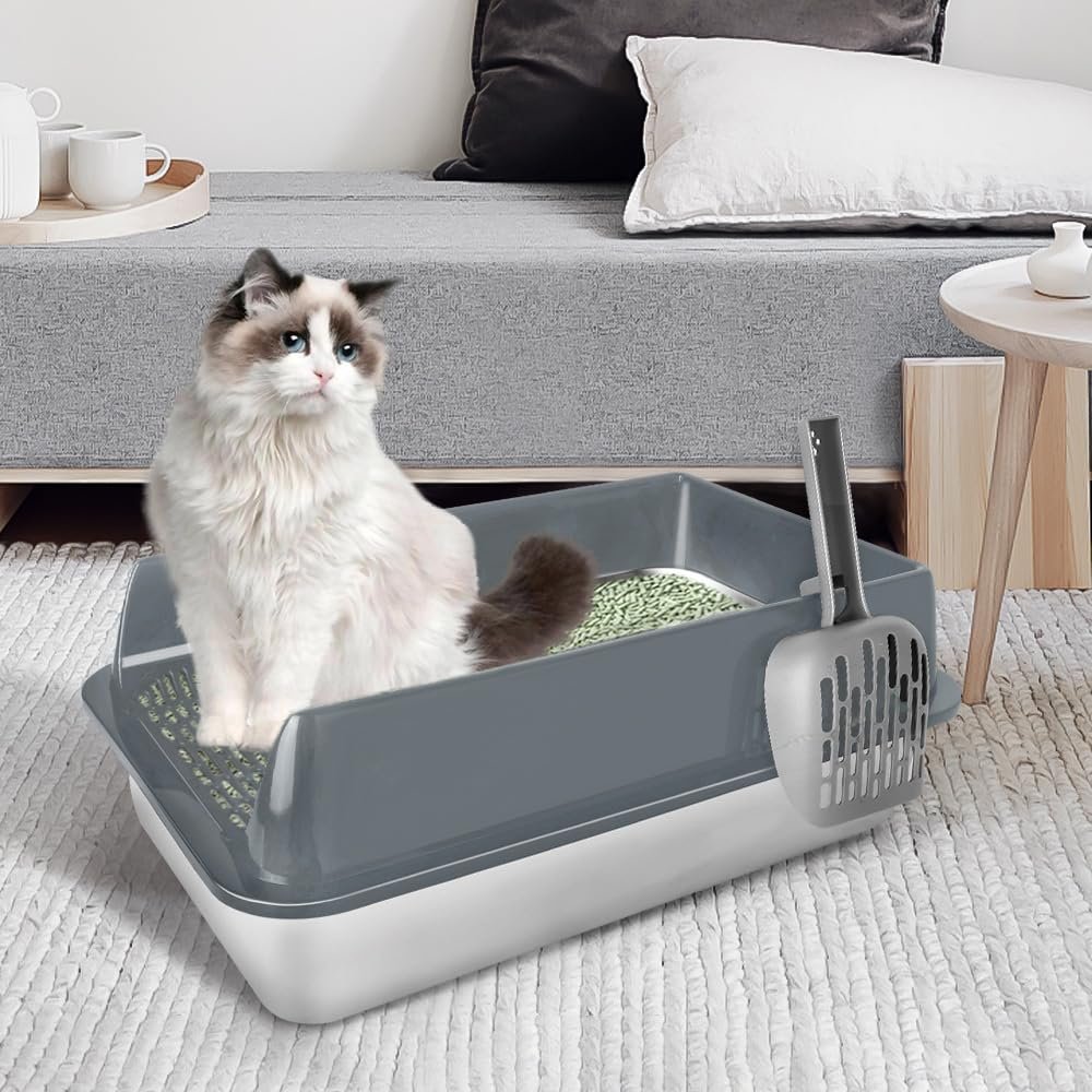 High-Sided Stainless Steel Cat Litter Box with Scoop, 50 x 35 x 24 cm, Gray