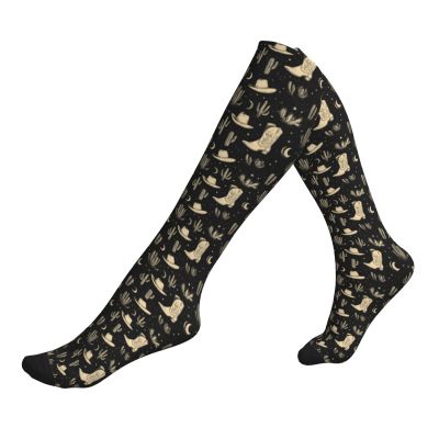 Black Cowboy Boots with Cactus Print Compression Socks, Flight Travel Support Socks for Women, 1 Pair, 50 cm