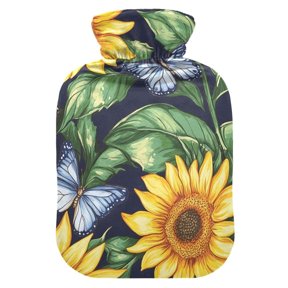 Hot Water Bottle with Sunflowers and Butterflies, Soft Cover, 2 L