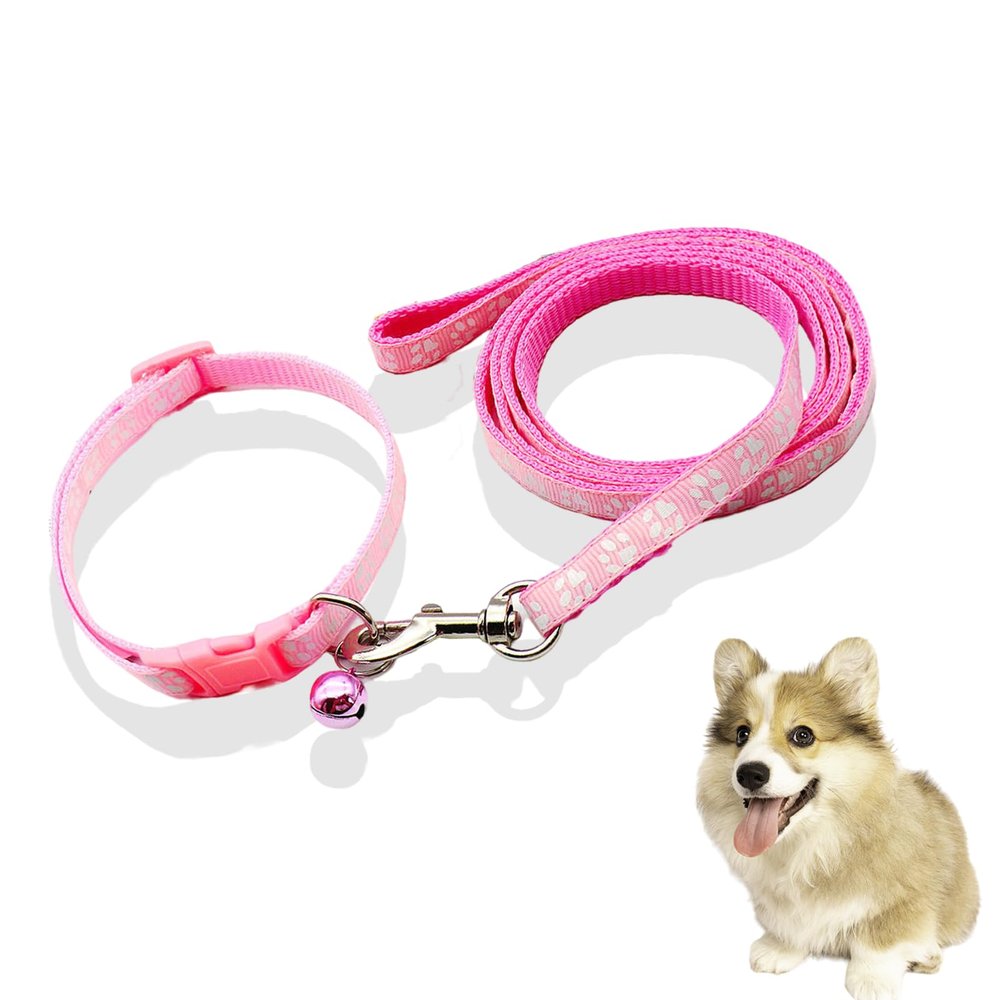 fKiZanthene Dog Collar and Leash Set, Pink with Paw Prints