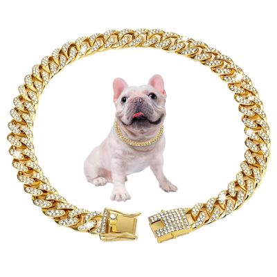 Pesoncarl Cuban Link Dog Collar, 17.7 in, Gold-Tone Diamond Chain