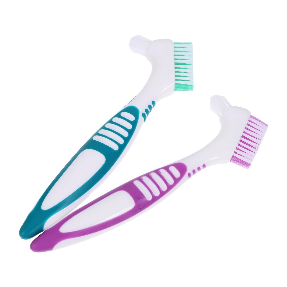 WATIIFUFU 2-Piece Double-Sided Denture Brush Set, Large Non-Slip Handles, Green and Purple