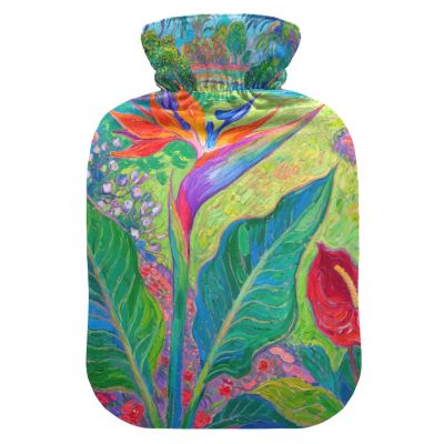 Tropical Strelitzia Reginae Hot Water Bottle with Soft Cover, 1 L, Red/Green