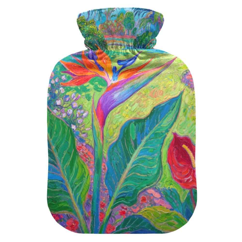 Tropical Strelitzia Reginae Hot Water Bottle with Soft Cover, 1 L, Red/Green