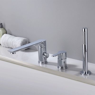 Chrome Shower Mixer Set, 3-Hole Bathtub Faucet with Hand Shower