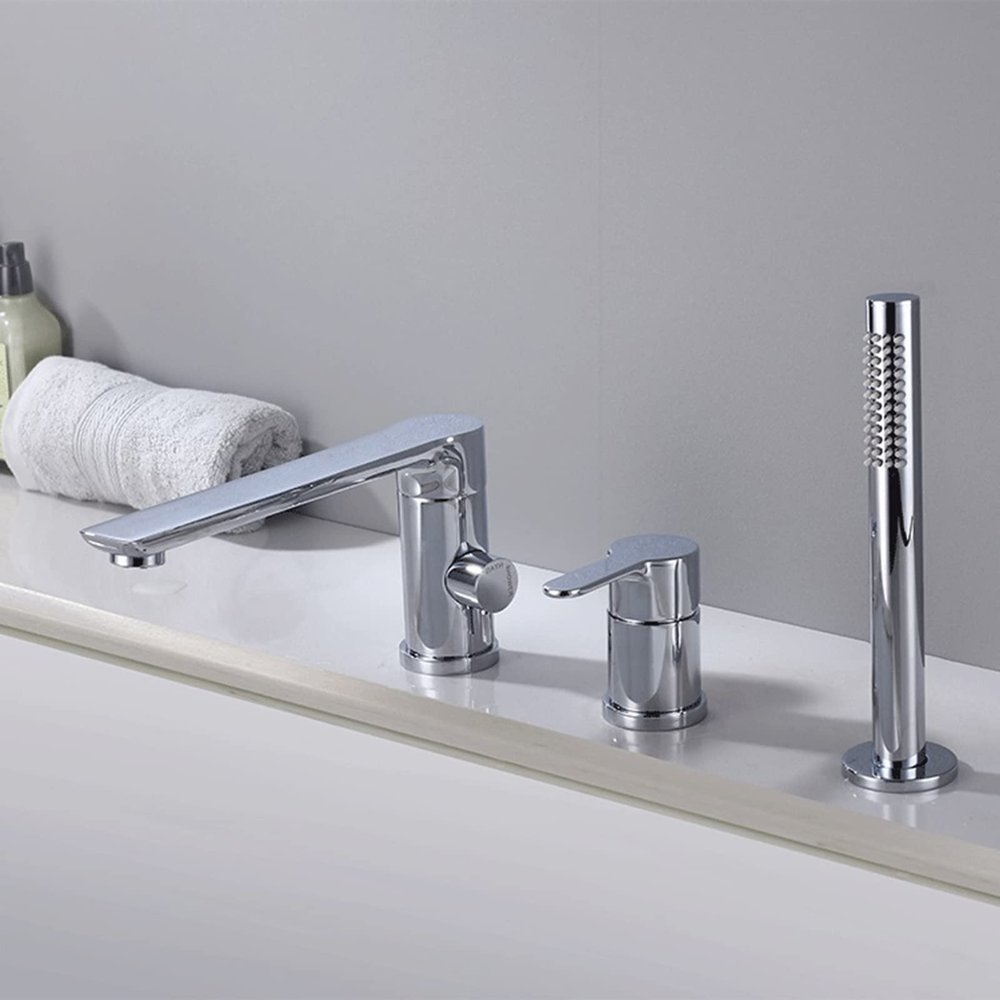 Chrome Shower Mixer Set, 3-Hole Bathtub Faucet with Hand Shower