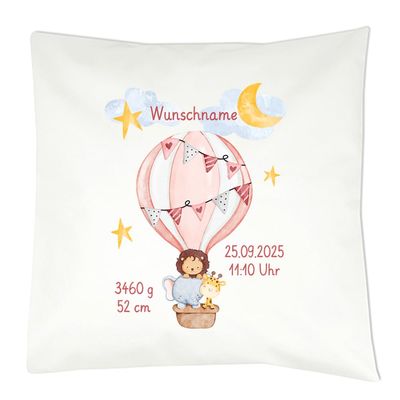 Elefantasie Personalized Birth Pillow with Hot-Air Balloon Motif, Birth Details and Custom Name, Birth Gift (Pink Balloon)