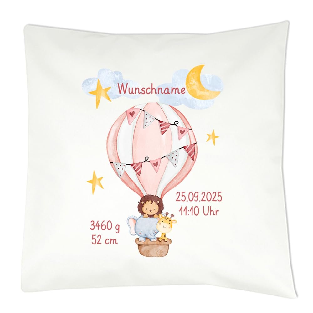 Elefantasie Personalized Birth Pillow with Hot-Air Balloon Motif, Birth Details and Custom Name, Birth Gift (Pink Balloon)
