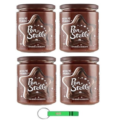 Pan di Stelle Hazelnut Spread 4 x 580 g with Cookie Pieces, Palm Oil-Free + Free Beni Culinari Keychain