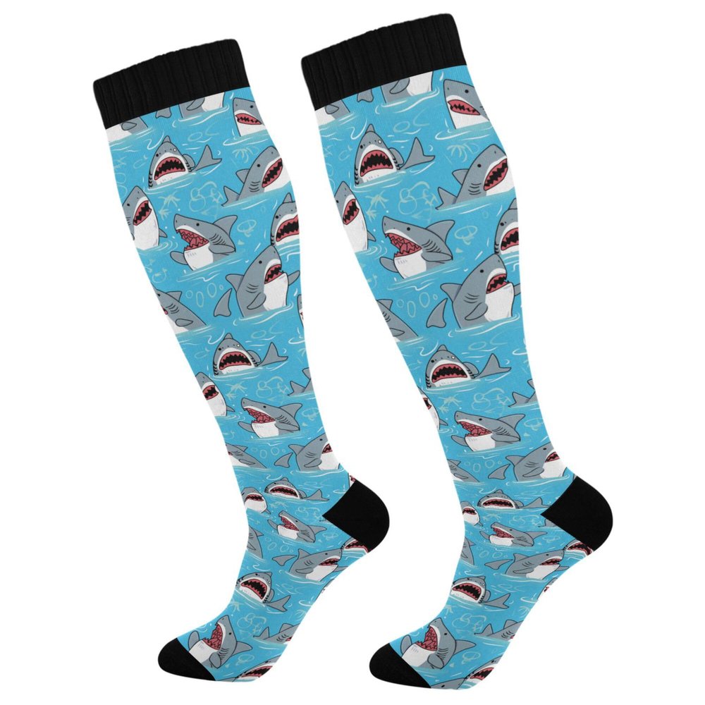 Cute Cartoon Shark Compression Socks, 15–20 mmHg, 1 Pair, 50 cm