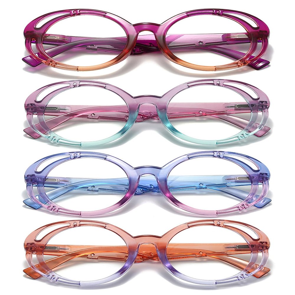 KOOSUFA Women's Round Blue-Light-Blocking Reading Glasses, Gradient Frames, Spring Hinges, 4-Color Set, +3.0