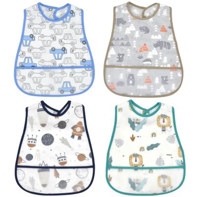 4-Piece Waterproof Baby Bib Set with Cartoon Prints and Pocket