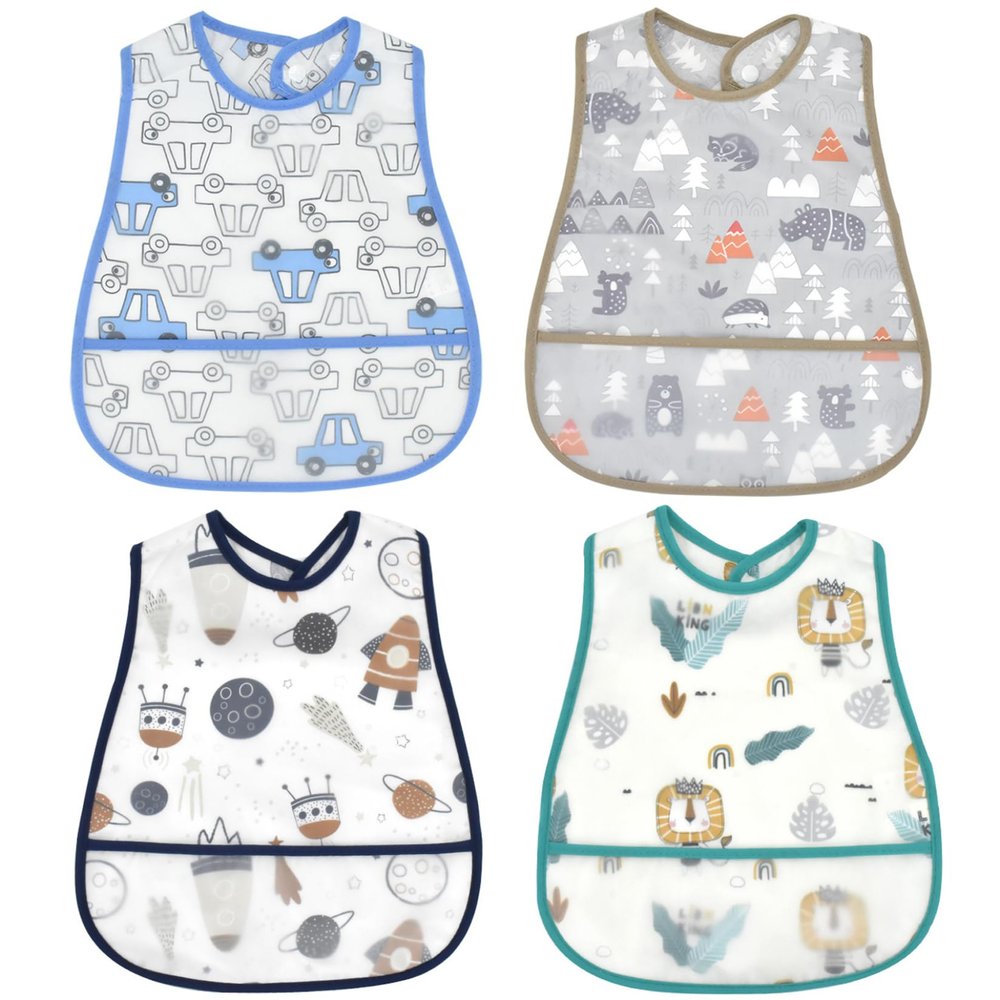 4-Piece Waterproof Baby Bib Set with Cartoon Prints and Pocket