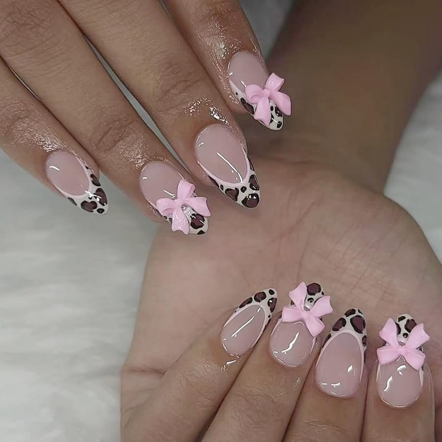MouyouGlow Short Almond Press-On Nails, Leopard French 3D Bow Design, Pink Y2K